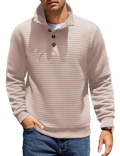 COOFANDY Mens Quarter Pullover Quilted Sweatshirt Casual Knit Long Sleeve Mock Neck Sweater Waffle Collared Pullover Light Khaki
