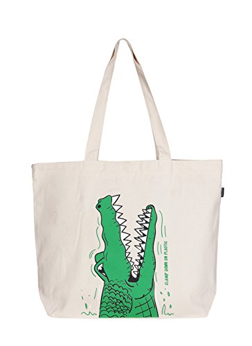 Eono Grand Tote Bag Coton eco Sacs d'épicerie Sac Course réutilisables respectueux de l'environnement Sac de Shopping pour Les Femmes avec Fermetures éclair - Imprimé Crocs - (Naturel) | 0201B03