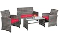 Shintenchi 4-Piece Outdoor Gray Wicker Patio Conversation Furniture Set, Rattan Patio Furniture Set with Weather Resistant Cushions and Tempered Glass Tabletop,Red