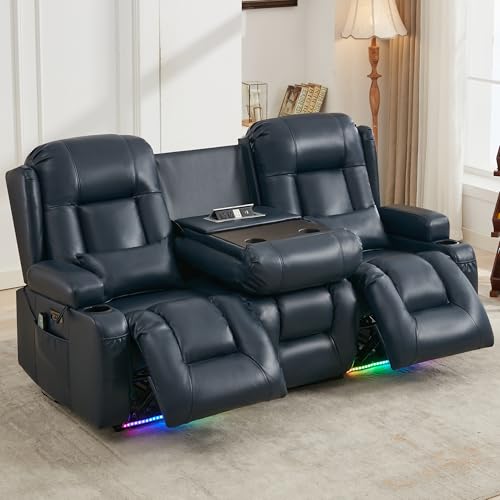 Image of URRED Power Loveseat Recliner Sofa with Massage and Heat, Wall Hugger Reclining Loveseat with Console, RV Couch Home Theater Seating with LED Lights for Living Room (Dark Blue, 76.8 inch - 3 Seats)
