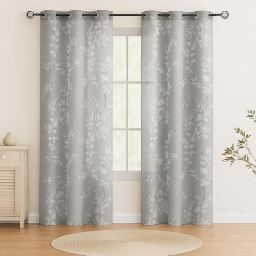 Image of BFAM Sheer Curtain with Floral Print, Premium Printed Sheer Drapes, Eyelet /Grommet Curtain for Living Room, Bedroom, Light Filtering Curtains, Grey Floral 12 Feet,Pack of 1 Curtain