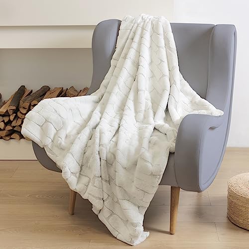 Snuggle Sac Plush Faux Fur Throw Blanket, Warm And Cream Fuzzy Blanket With Marble Pattern Print, Decorative Blanket For Couch Sofa Chair Bed Living Room, 50" X 60", White #TOP17