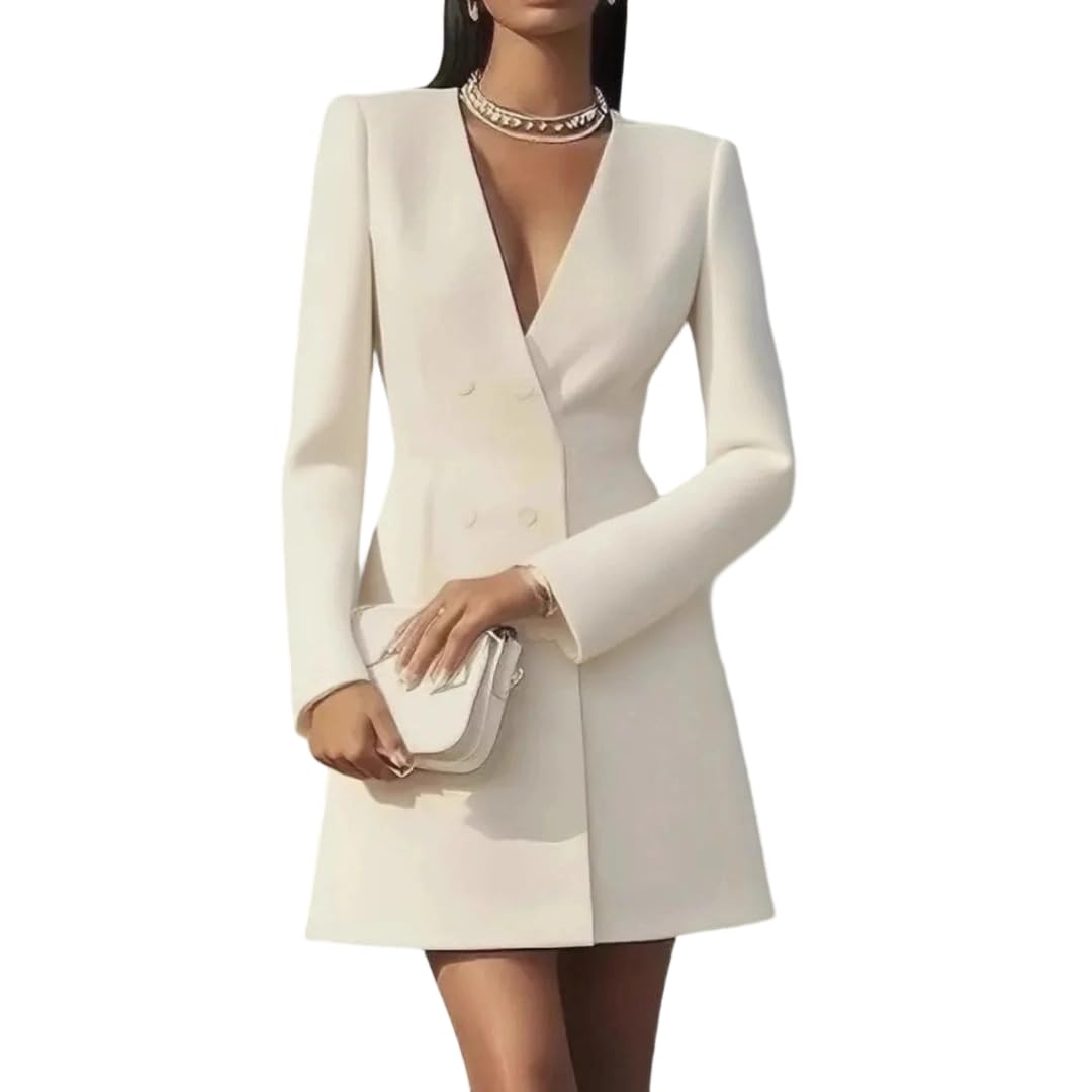 Women V Neck Long Sleeve Double Breasted Button Slim Solid Blazer Winter Business Dresses