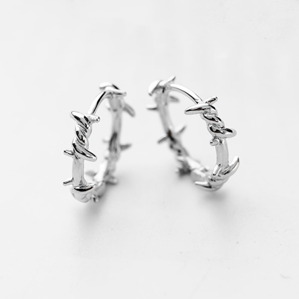 Rhodium on Sterling Silver Twisted Thorn Branch Barb Wire Circle Hoop Sleeper Unisex Earrings