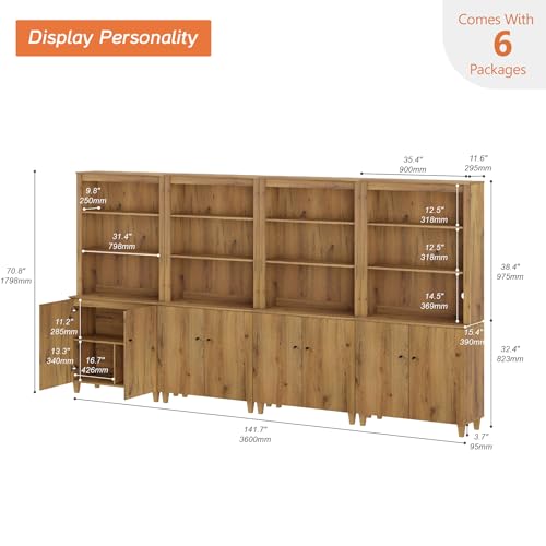 Image of WAMPAT 71 inch Tall Bookcase with Doors & Storage Cabinet, 4 Column Modern 5-Tier Bookshelf with Adjustable Shelf, 142 inch Wide Wooden Display Book Shelf for Home Office, Living Room, Bedroom, Oak Brown