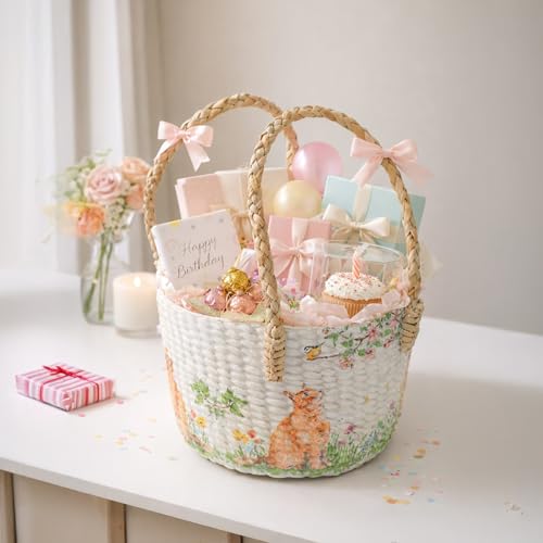 Image of Habere India-All the Cultures Fabricating India Gift Hamper Baskets | Cane Round Hamper | Fruit Baskets | Organiser Basket | Baby Basket for Clothes (Design20: L22 x W22 x H15 cm)