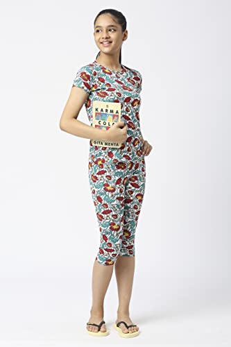 Image of SINI MINI Round Neck with Half Sleeve Top & Capri Beige Girls Casual Pack of 1 Night Suit Set