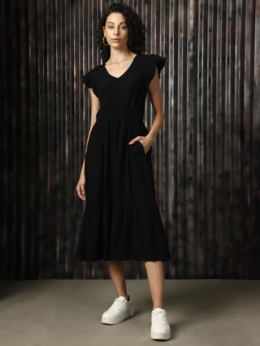 Image of High Star Women Cotton Solid Regular fit V-Neck Sleeveless Dresses