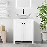 SOLIDEE 24 Inch White Bathroom Vanity with Marble Texture Top, Traditional Standing Pedestal Cabinet with Marble Boat Ceramic Sink