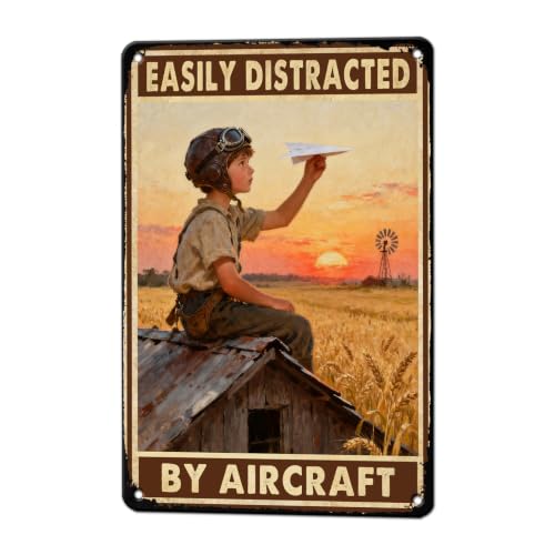 KIYOYO Airplane Gifts Vintage Metal Tin Sign Aviation Decor Wall Art Easily Distracted by Aircraft Retro Plane Poster for coffe Bar Garage Man Cave 12x8 Inch