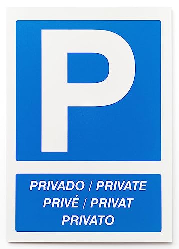 Cartel de Aparcamiento PRIVADO de18x25 cm Varios Idiomas Placa de Señalización en Composite de Aluminio de 2 mm para Parking Exterior (Privado idiomas)