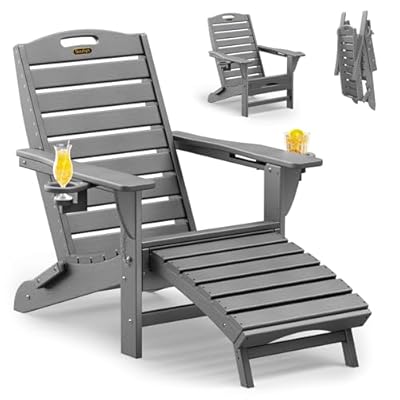 SUUNYN Folding Adirondack Chair with Retractable Ottoman Weather Resistant Fire Pit Chair Patio Chair with 2 Cup Holder Lawn Outdoor Lounge Chairs (Grey)