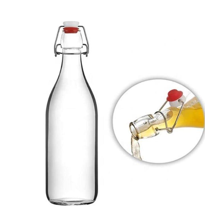 Image of Flip Glass Bottles to store homebrew, oil, vinaigrette, wines, beer, teas, Swing Top Easy Cap Clear, Round, 1000 ml, Set of 2, Clear.
