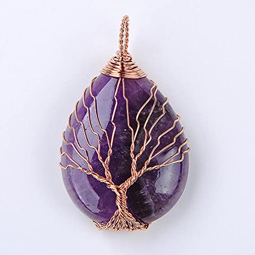 Rose Goud Kleur Wire Wrap Levensboom Water Drop Hanger voor Vrouwen Ketting Natuursteen Paars Roze Kristallen Hangers… - Image 7
