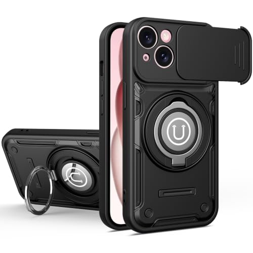 Coque iPhone 15 antichoc noire avec anneau support au design blindé élégant
