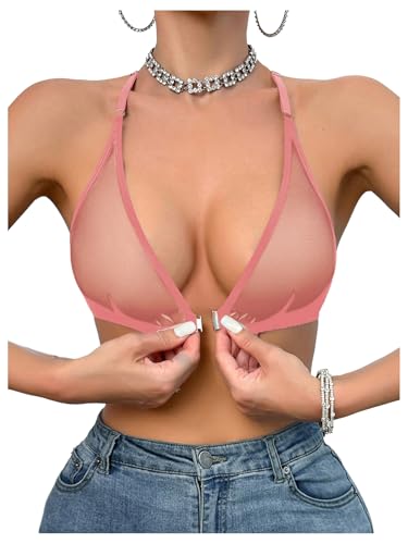 Image of SOLY HUX Women's Sheer Mesh Through Bra Sheer Bralette Front Closure Deep V Neck Wireless Lingerie Sexy Lingerie Bra
