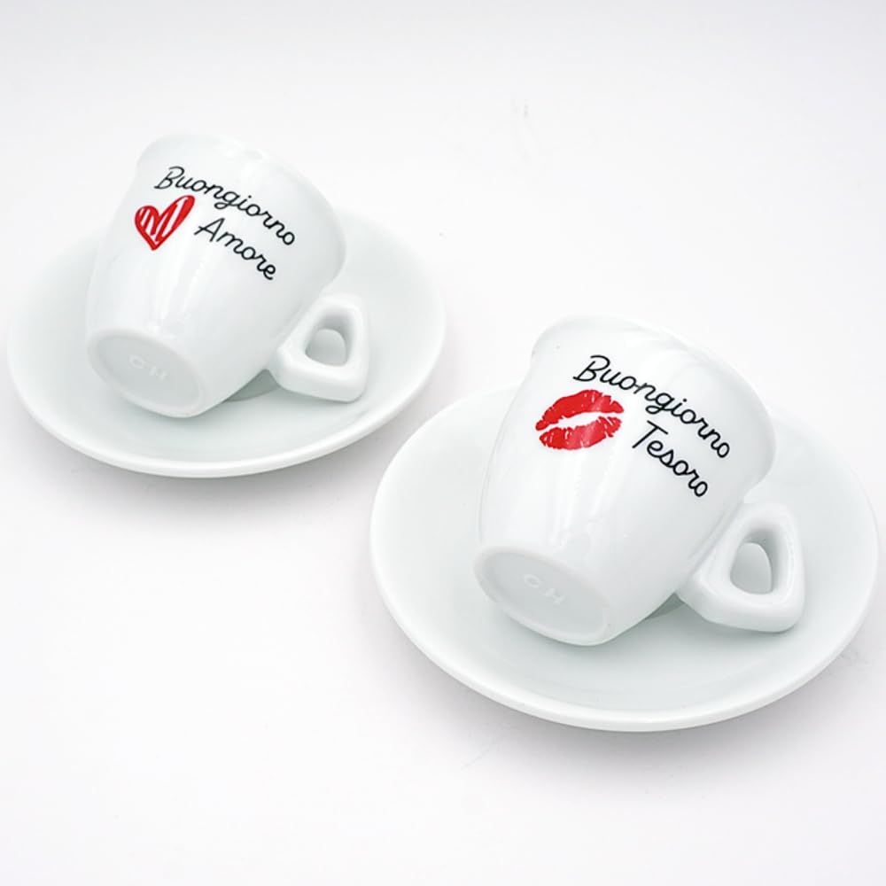 BrandPrint Set 2 Tazzine Caffè con Piattino - Serigrafia Artigianale BUONGIORNO AMORE, BUONGIORNO TESORO in Box Elegante - 100% Made in Italy - Regalo Coppia San Valentino, Anniversario, Matrimonio
