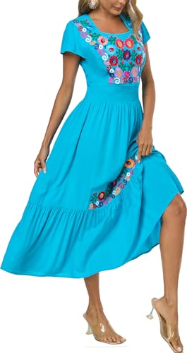 Image of Women's Summer Maxi Dress Casual Floral Embroidered Round Neck Short Sleeve Ruffle Tiered Dress Flowy Boho Beach Sundress