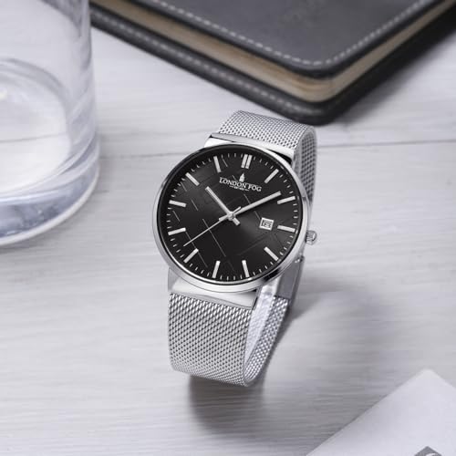 Image of London Fog Surrey Collection Analog Quartz Watch for Men with Round Textured Dial, Date Display Function, Stainless Steel Mesh Strap, Water Resistant - LFM10006