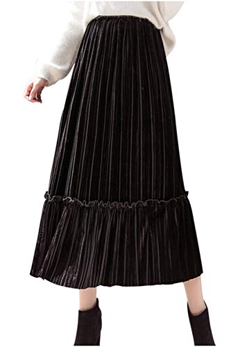 [ネコート] NC210BK ベロア風 ベロア ロングスカート スカート ティアード ロング マキシ 丈 フリル リブ プリーツ シック クラシカル フェミニン カジュアル キレイメ お洒落 オシャレ 服 韓国 ファッション Aライン ボトムス 大人 OL 通勤 ゴム ウエスト 黒 クロ 白 シロ 秋 冬 秋冬 アキ フユ 10代 20代 30代 40代 50代 60代 ブラック フリー サイズ