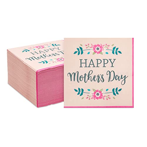 BLUE PANDA - 150 Pack Happy Mother's Day Paper Napkins, Floral Party Supplies (Pink, 6.5 x 6.5 In)