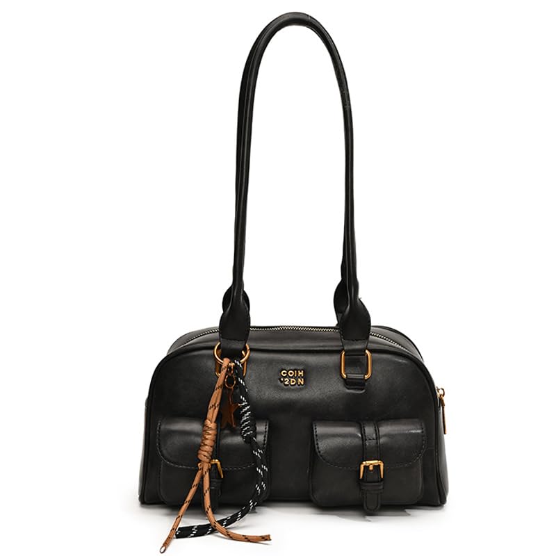 Women PU Leather Shoulder Bag Vintage Style Retro Top Handle Bag Leisure Double Front Pocket Handbag for Shopping Travel