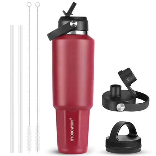 Image of HYDROWION 32 oz Insulated Water Bottle, Car Water Bottle Holder - Double Wall Vacuum Insulated Travel Bottle with Straw Lid, Spout Lid and Flex Cap - Cold for 24H, Hot for 12H, Blue - Red