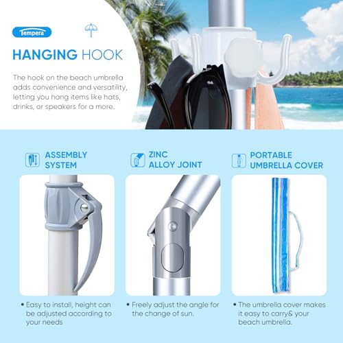 Image of Tempera Heavy Duty High Wind Beach Umbrella with Sand Anchor & Carry Bag | Patio Outdoor Umbrella with Aluminum Frame and Push Button Tilt, Ideal for Garden Lawn, UPF 60+