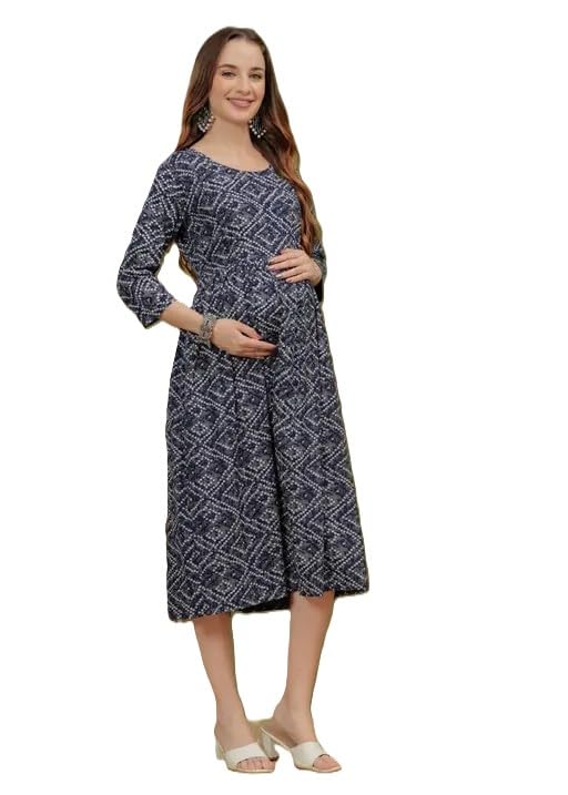 Maternity Dress, 3/4 Sleeves, Geometric Print, Navy Blue and White, Midi Length-image-40