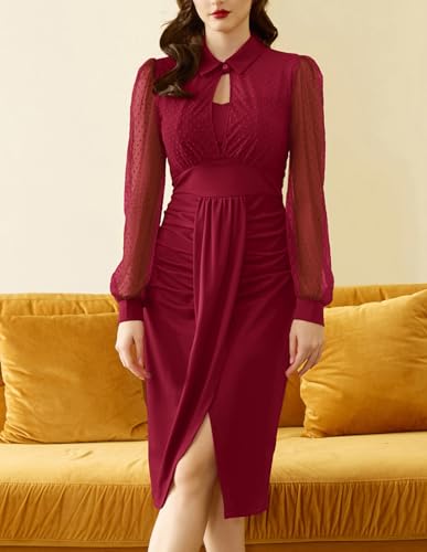 Belle Poque Womens Vintage Dress Mesh Long Sleeve Dress Ruched Dress for Work3