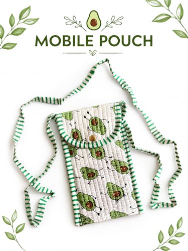 Image of Avocado & Green Floral Block Print Cotton Quilted Mobile Sling Pouch for Women | Handcrafted Crossbody Phone Bag, Gift for Her | Striped Strap, Brass Snap Button & Zip Pocket, India Handmade