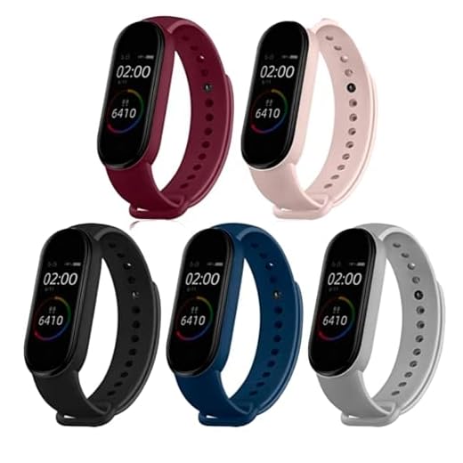 Pacote Kit 5 Pulseiras Extras Compatível com Mi Band 5 6 Sport Silicone Cores Vivas (Preto+Rosa-claro+Vinho+Verde-militar+Cinza)