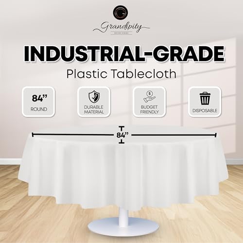 Image of Grandipity Brand Round White Plastic 84 inch Disposable Tablecloth (24 Pack), Party & Event Decorative Cover