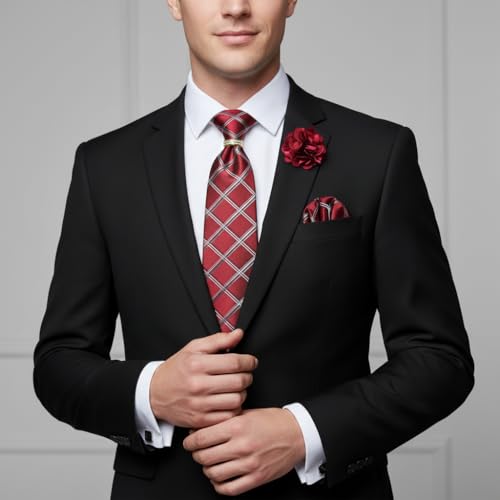Image of 5PCS Mens Premium Silk Tie, Pocket Square, Cufflinks, Drilled Tie Ring and Lapel Pin Set for Wedding Groom Party