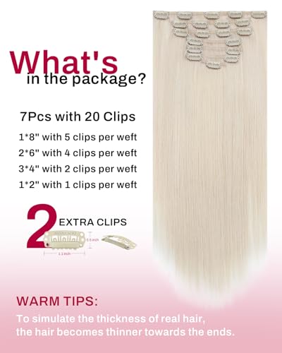 Image of Moresoo Hair Extensions Clip ins White Blonde Real Hair Clip in Extensions Human Hair Double Weft Clip in Human Hair Extensions Full Head #60A 7Pieces /120Grams 24inch