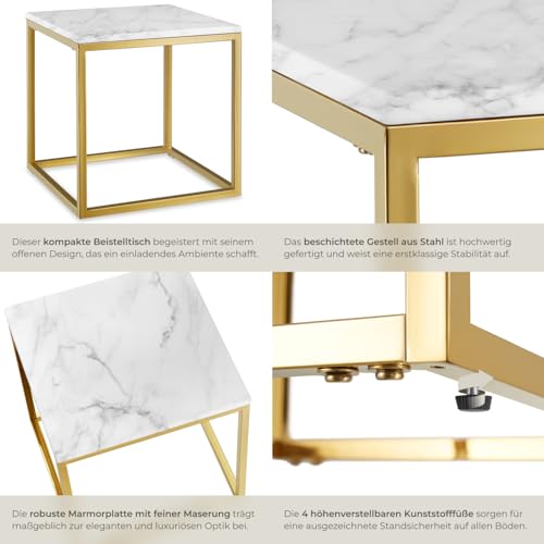 tectake® Couchtisch, Kleiner Tisch, Beistelltisch Metall und Marmor, Wohnzimmer Möbel, Coffee Table, Beistelltisch, Nachttisch, Sofatisch, Kaffeetisch modern, Kleinmöbel - Gold/weiß – Bild 6