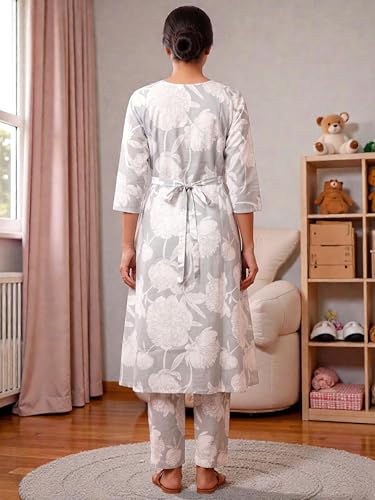 Image of RITIJYA Pure Cotton Feeding Kurta Pant Set for Women | Floral Anarkali Pregnancy Dress with Concealed Nursing Zipper Side Pocket | Pre & Post Partum | Maternity Dresses | Baby Shower Outfit