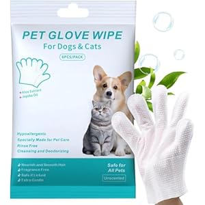 Pet Cleaning Glove Wipes for Dogs & Cats, Cleaning and Deodorizing Disposable Bathing Wipes for Fur, Paws and Butt,Rinse Free for Grooming and Travel, Hypoallergenic Unscented, 6 PCS