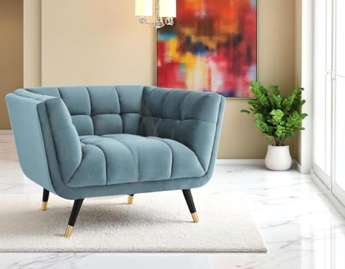 DESIGNER LIBRARY Sheesham Wood Velvet Armchair Sky Blue - Image 5