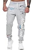 L.gonline - Pantalones largos de chándal para hombre, 100 % algodón, cómodos pantalones de deporte, puños acanalados, fitness, con cordón, bajos estrechos, Monte Carlo 592 gris/blanco M