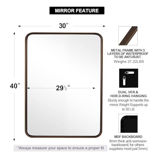Image of ANDY STAR Bronze Bathroom Mirror 30X40, Large Brushed Bronze Mirror for Wall, Rounded Rectangle Mirror Oil Rubbed Bronze, Bronze Vanity Mirrors in Metal Frame Hangs Horizontal Or Vertical
