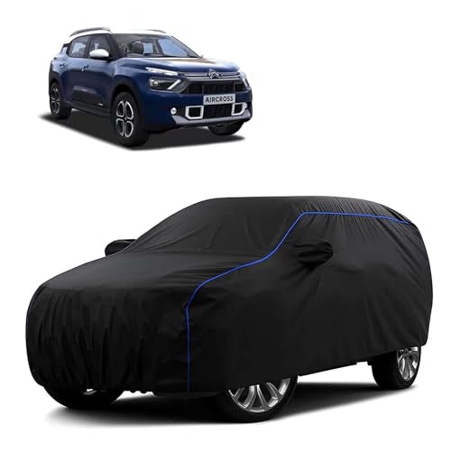 Image of Sulfar 100% Water Resistant Car Body Cover Compatible with Mirror for CITROEN AIRCROSS (Triple Stitched, Full Bottom Elastic, Black Tafetta with Blue Piping)