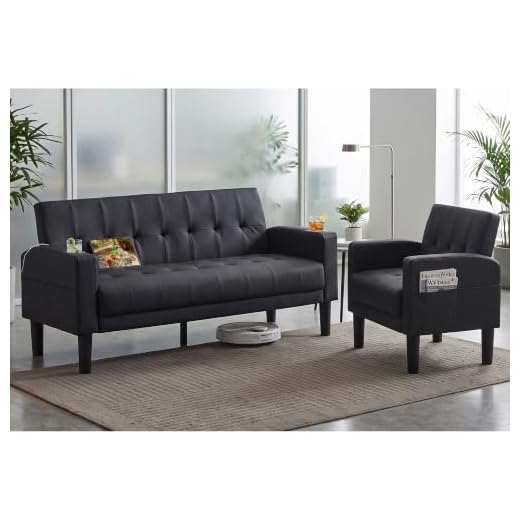 2 Piece Black Faux Leather Mid Century Modern Living Room Sofa Set