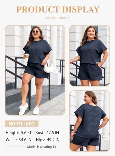 Image of Eytino Women Plus Size 2 Piece Outfits Sweatsuit Short Sleeve Pullover Tops and Drawstring Shorts Pants(1X-5X)