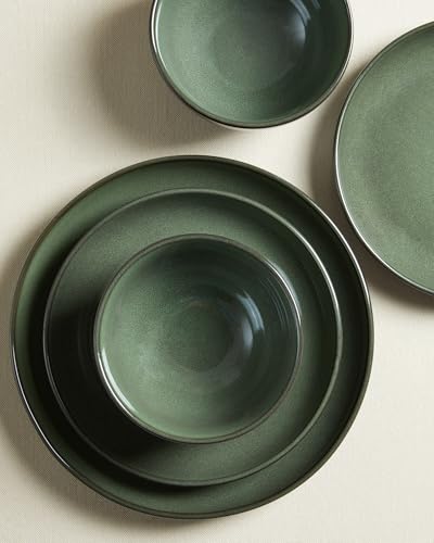 Image of Pokini Stoneware Dinnerware Sets for 6, 18 Piece Microwave Safe Plate and Bowl Set, Easy to Clean & Durable Dishes Sets for Small to Medium Families, Forest Green