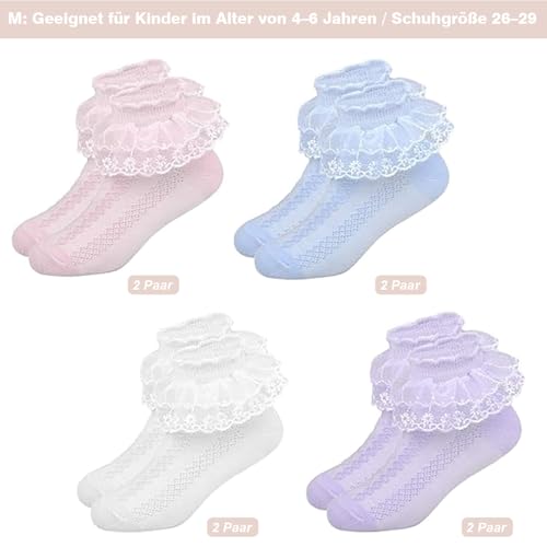 SXCCNW Rüschen Spitze, 8 Pack Socken Elastisch Söckchen, Mädchen Socken, Lace Socken, Rüschen Spitze Taufe Socken fürPartykostüm Abschlussball 4-6 Jahre