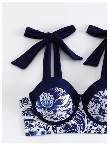 MakeMeChic Women's 2 Piece Bikini Set Floral Print Tie Shoulder Contrast Binding High Waisted Swimsuit Bathing Suit4