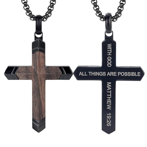 Image of Wooden Cross Necklace for Men with Stainless Steel Adjustable Chain 24-26in, Christian Wood Crucifix Pendant Gift for Him