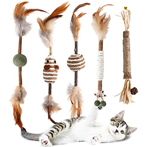 ZOYLINK Silvervine Stick Toy Toy Natural: 5Pcs Ligero Portátil Portátil Funny Feather Pet Pet Interactivo Juguete Interior Juego Pet Cover