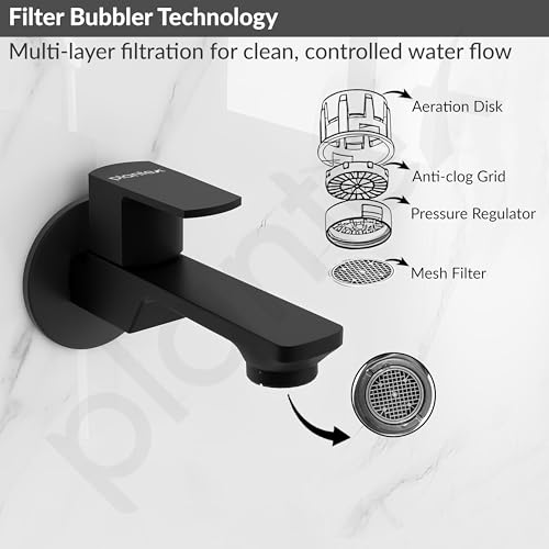 Image of Plantex Single Lever Long Body Bib Tap for Bathroom with Water Saving Aerator /Tap for Wash Basin with Brass Spindle /Wall Mount Bib Tap with Wall Flange and Teflon Tape (SAGA-Black)